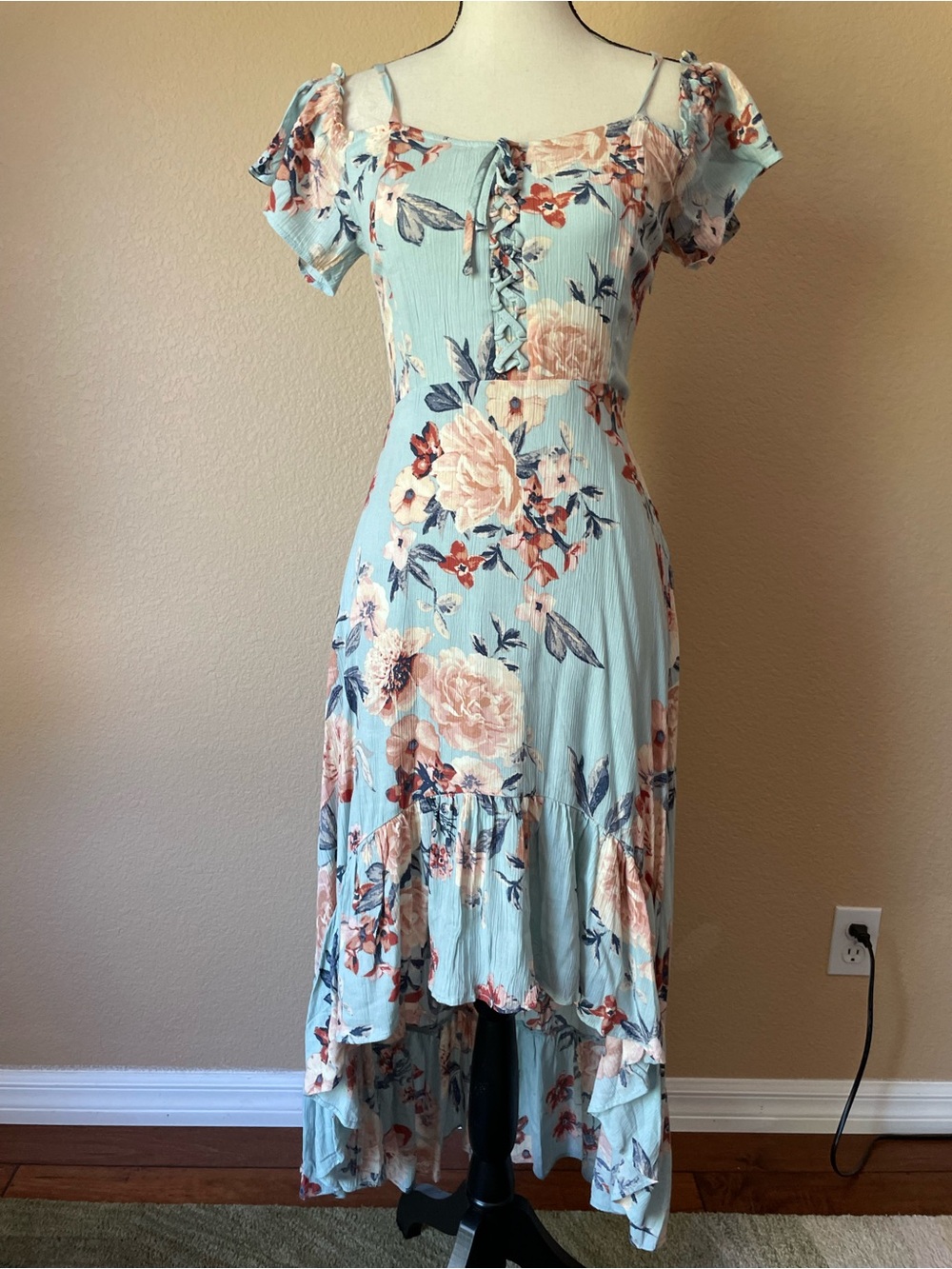 Floral Boho lace up smocked corset romantic feminine High-Low Maxi Dress XS/S